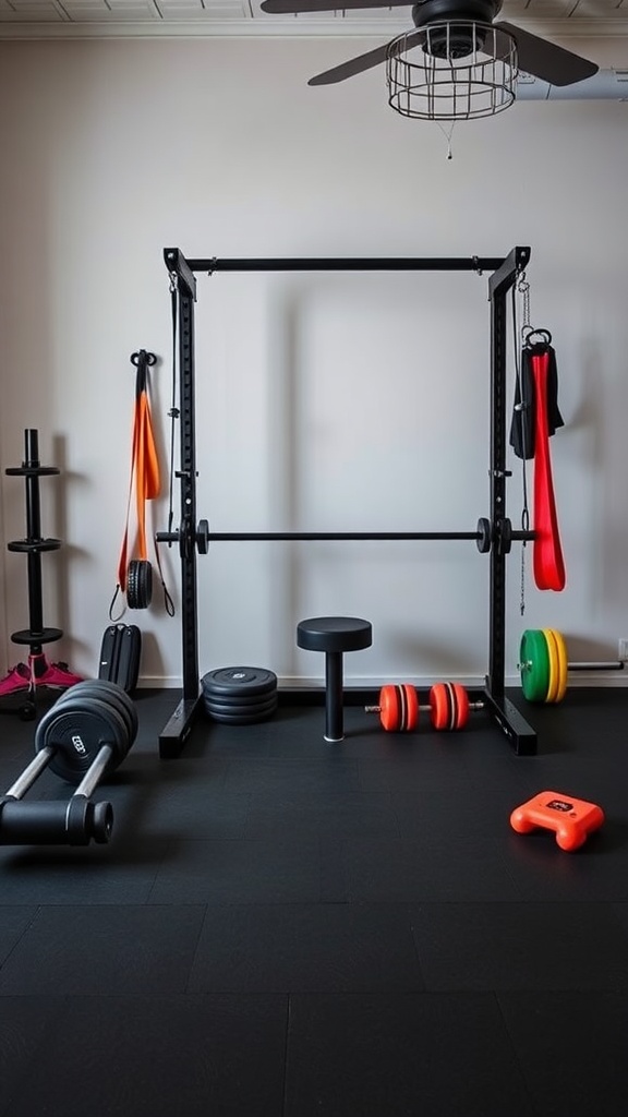A well-equipped home gym with various weights and workout equipment.