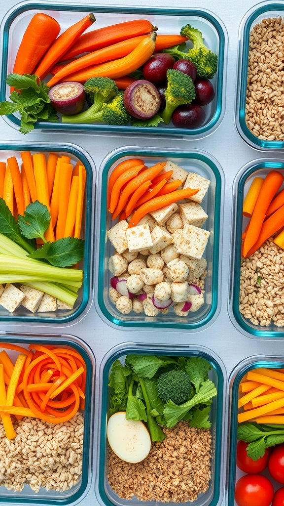 Colorful meal prep containers filled with fresh vegetables and healthy ingredients.