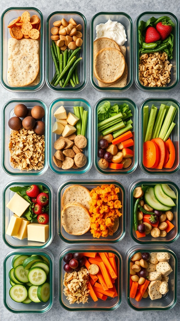 Various meal prep containers filled with fruits, vegetables, and healthy snacks for diet planning.