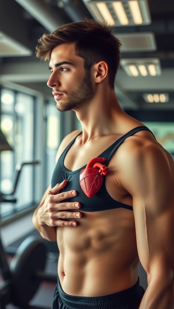 A young man using a heart rate monitor during a workout, focusing on his fitness.