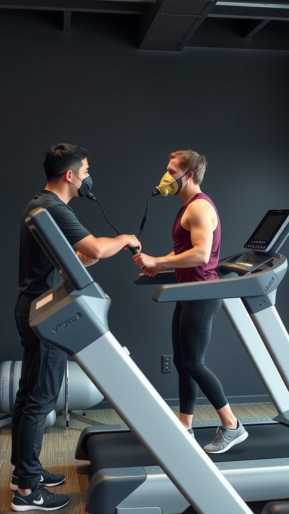 A trainer assisting a person on a treadmill, both wearing masks for a VO2 max test.
