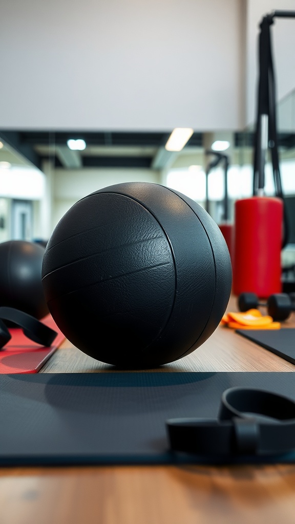 Close-up of a black medicine ball on a gym mat
