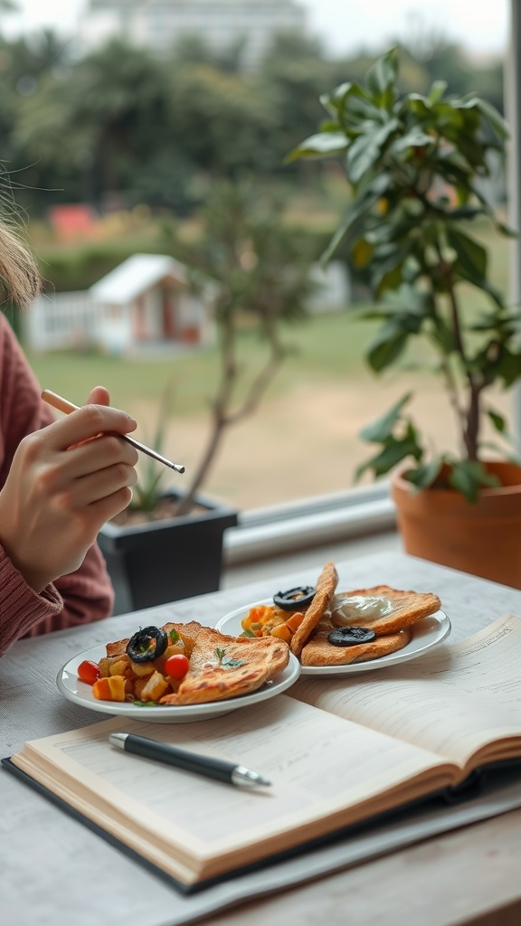 A person enjoying a meal while writing in a journal, highlighting the concept of mindful eating.