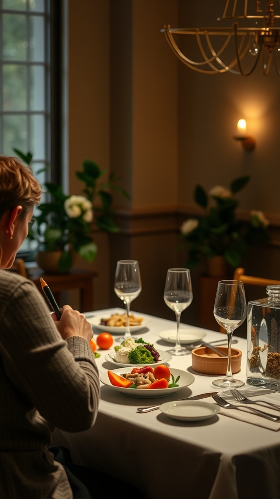 A person enjoying a meal at a beautifully set table with fresh ingredients and soft lighting.
