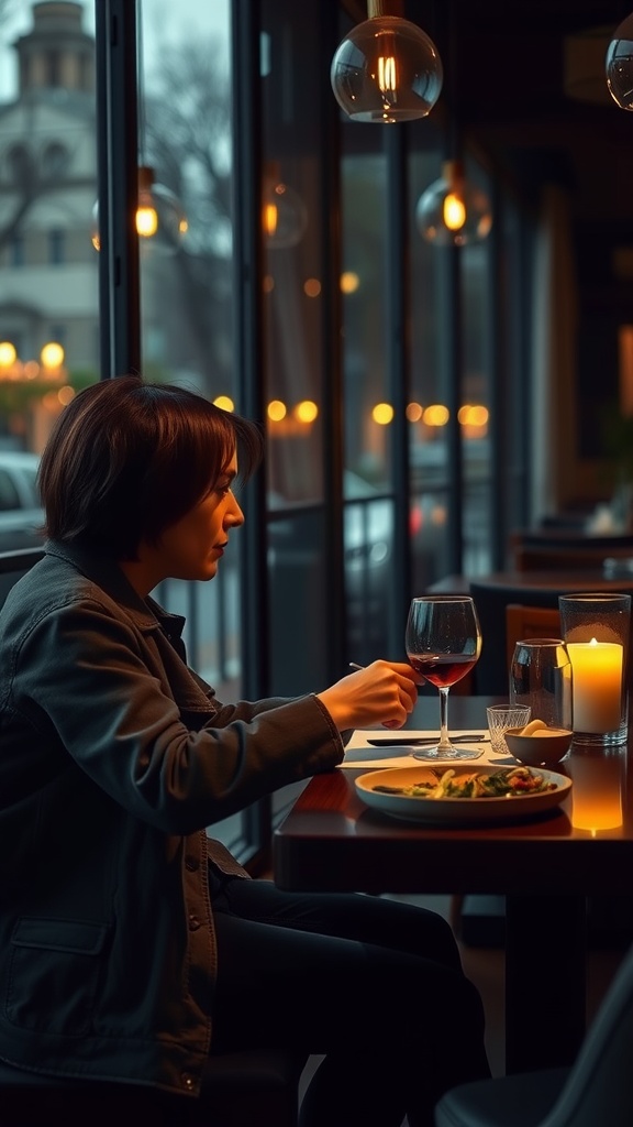 A woman sitting at a table in a restaurant, enjoying a meal with a glass of red wine.