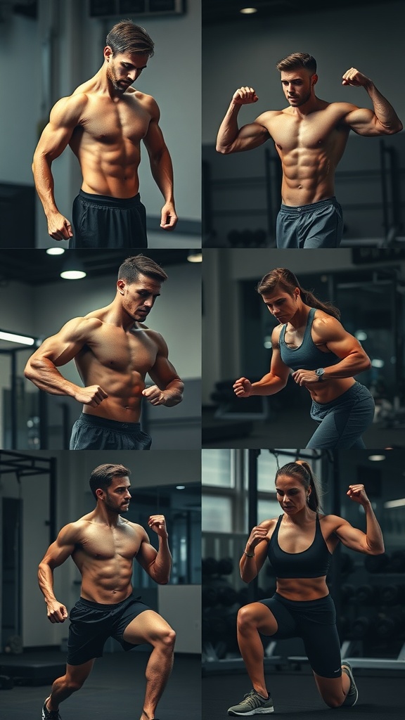 Individuals engaged in various exercises showcasing muscle and endurance development.