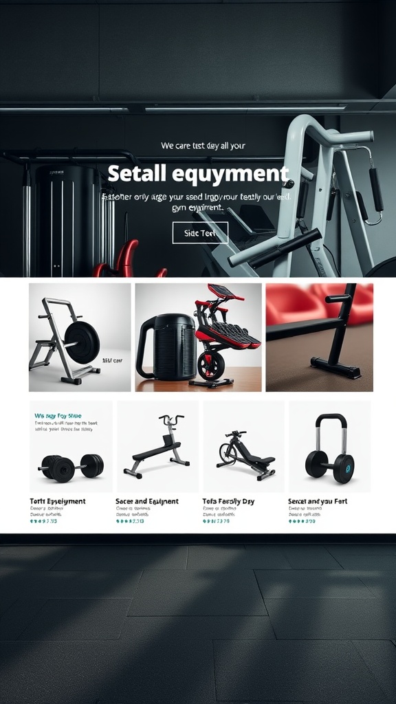Image showcasing various home gym equipment for sale on a niche website.