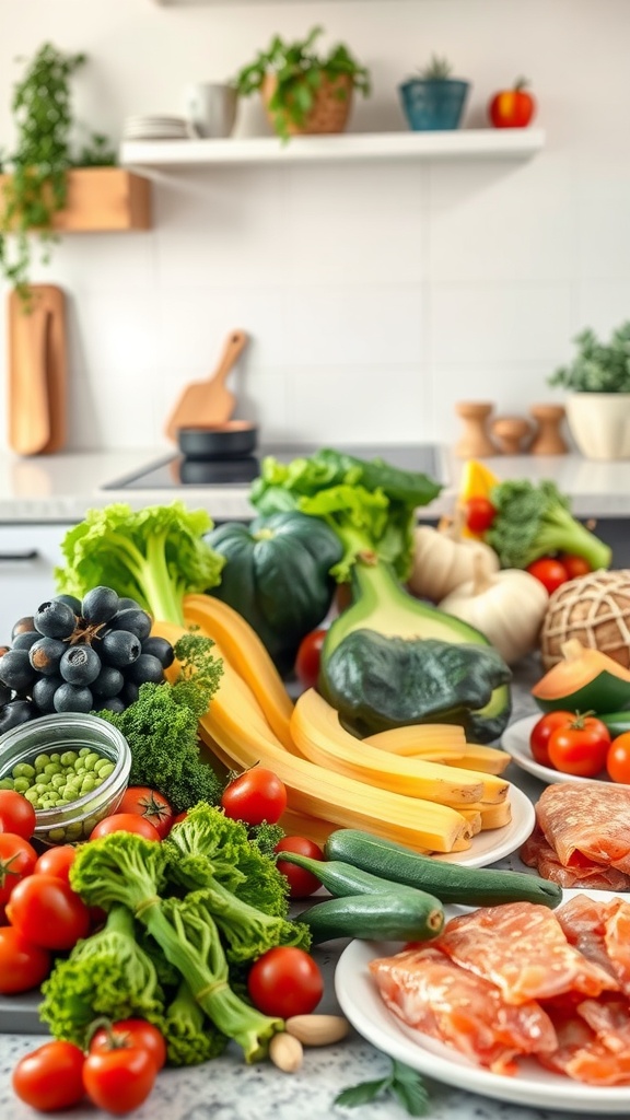 An assortment of fresh vegetables, fruits, and lean meats on a kitchen counter.