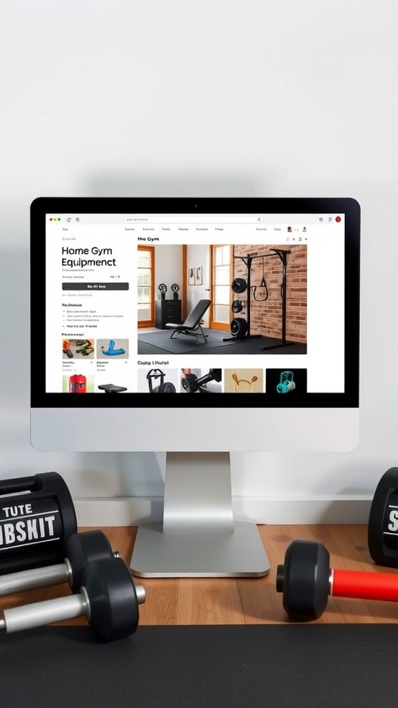 A computer screen displaying a webpage for selling home gym equipment, surrounded by weights and gym gear.