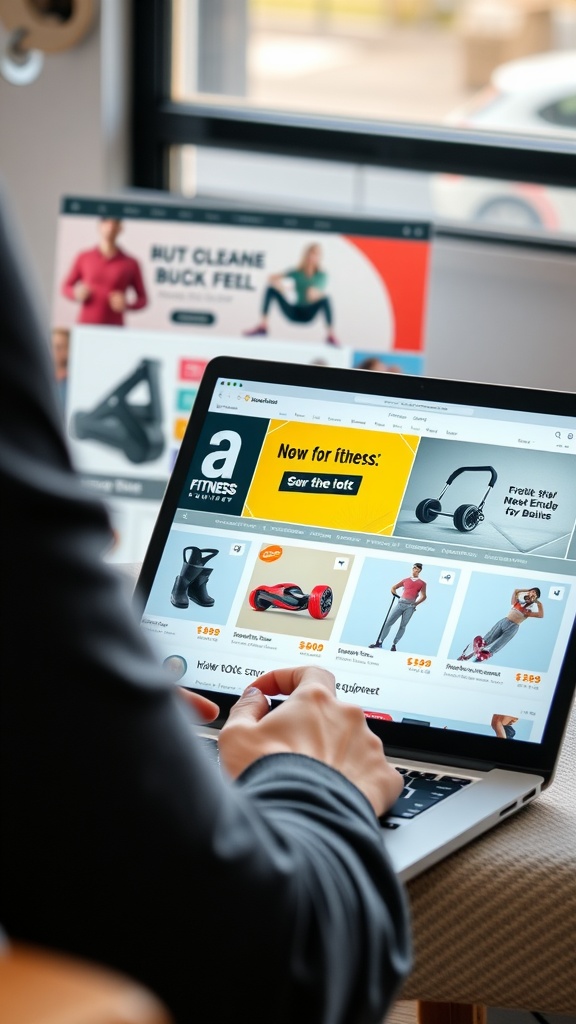 A person shopping online for home gym equipment on a laptop.