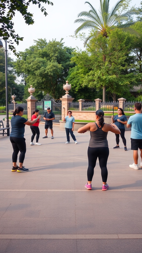 Group of people participating in an outdoor fitness class in a park.