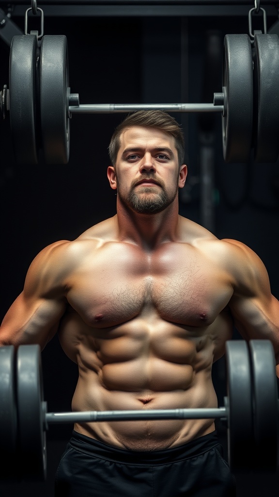 A muscular man lifting weights in a gym setting.