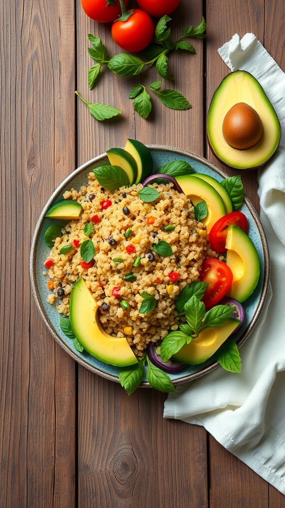 A colorful bowl of quinoa salad with avocado, tomatoes, and vegetables on a wooden table.