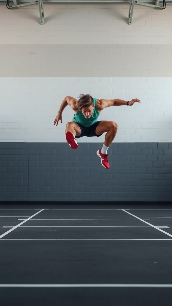 A person performing a plyometric jump exercise on a gym floor.