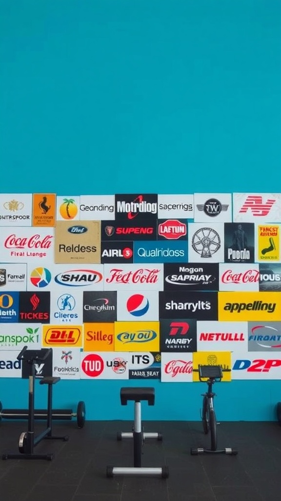 A wall showcasing various gym equipment brands in the Tokunbo market.