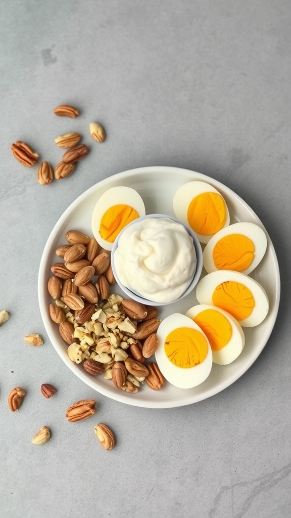 A plate with hard-boiled eggs, a bowl of yogurt, and a mix of nuts.