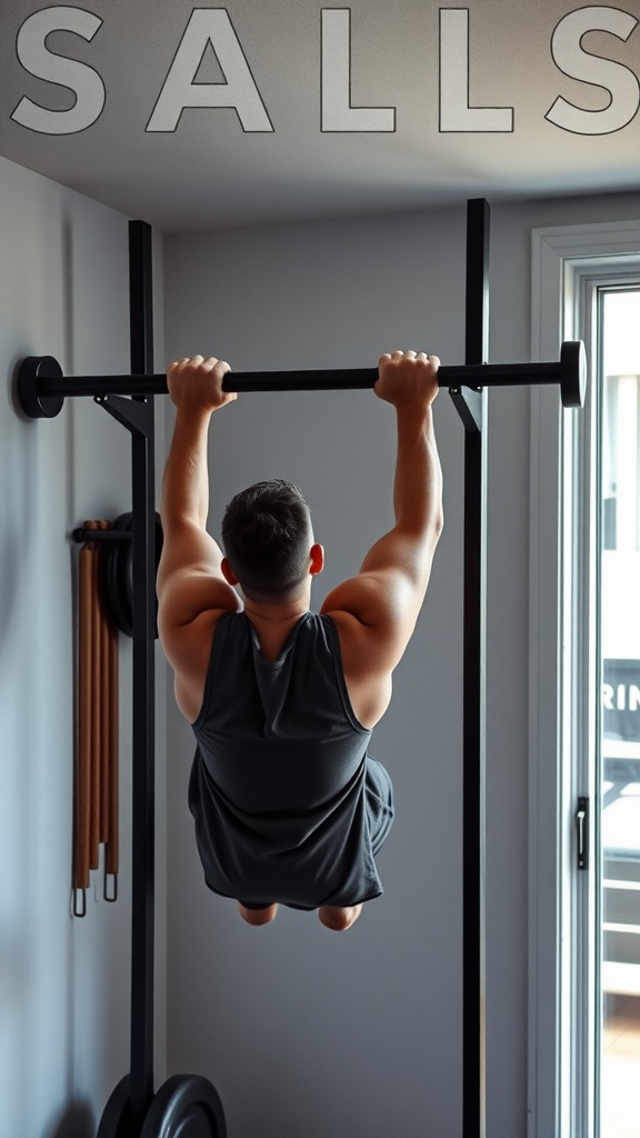 A person performing a pull-up on a bar in a home gym setting.