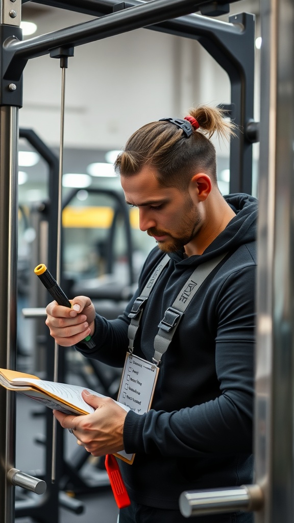 A person checking gym equipment with a clipboard in a gym environment.