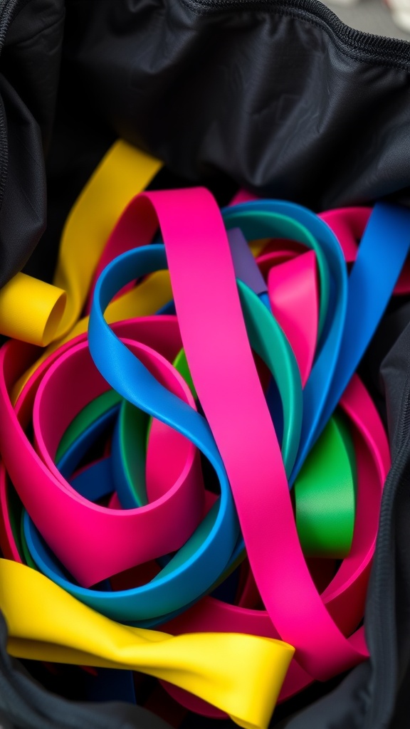 A variety of colorful resistance bands inside a bag.