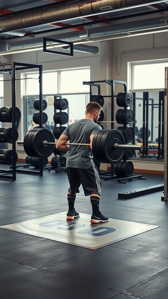 A person performing Romanian deadlifts with a barbell in a gym setting.