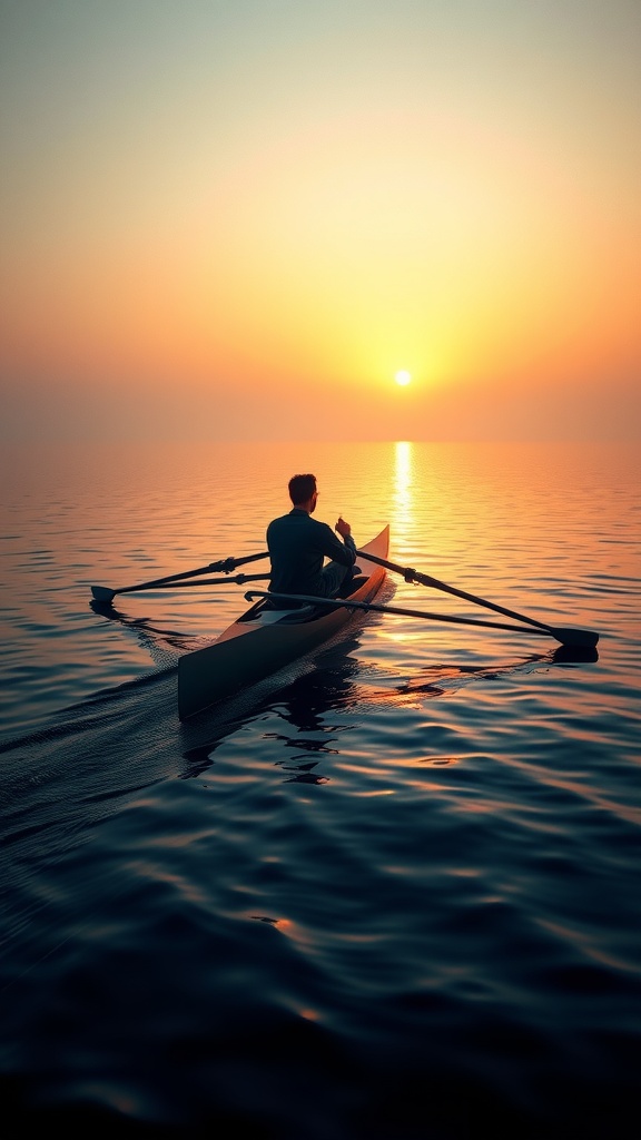 A person rowing on a calm lake during sunset.