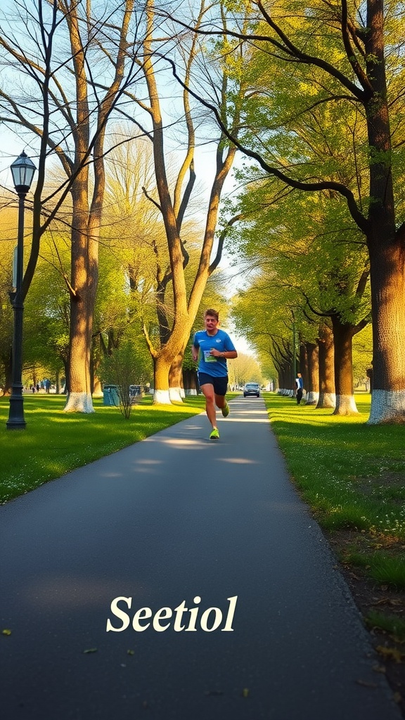 A person running on a paved path surrounded by trees