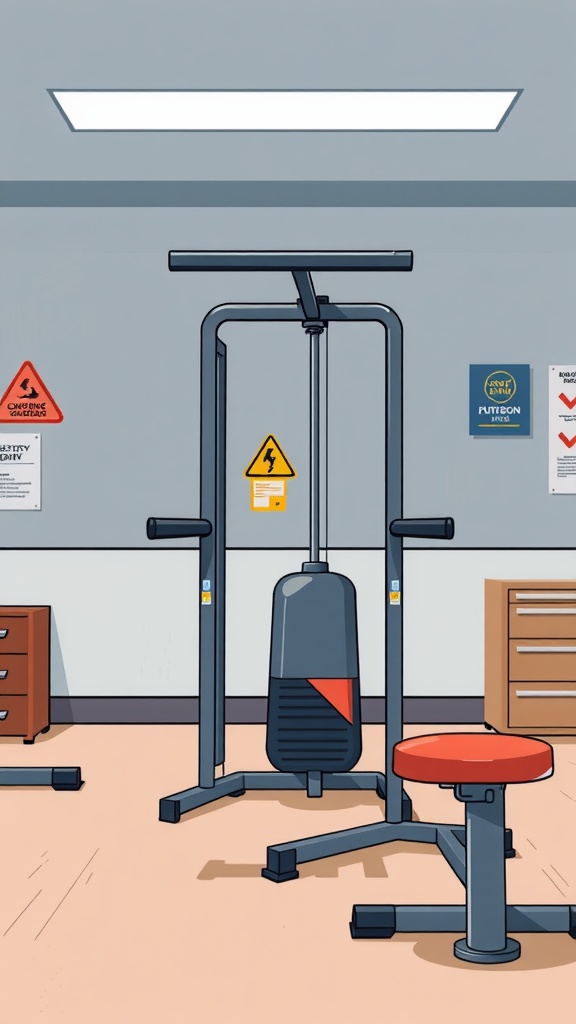 A gym setting featuring various Tokunbo gym equipment with safety signs on the walls.