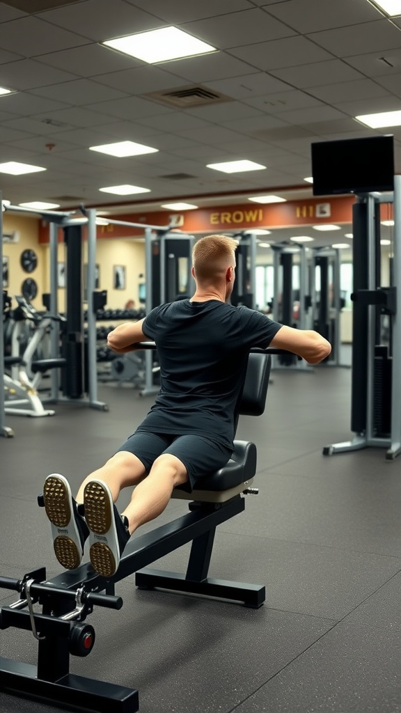 A person using a seated row machine in a gym setting.