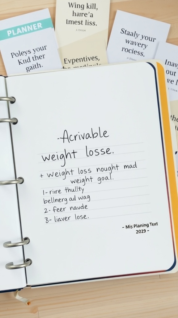 Notebook with notes on achievable weight loss goals.