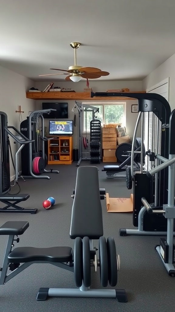 A home gym featuring various gym equipment, including weights and machines, set up in a spacious room.