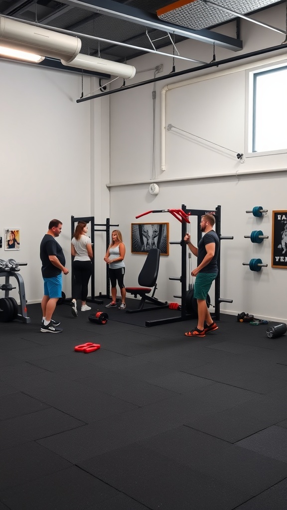 People discussing gym equipment in a home gym setting.