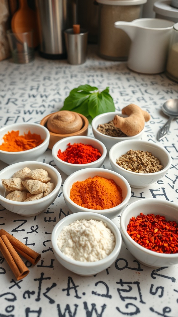 A variety of spices displayed in small bowls on a table with letters.