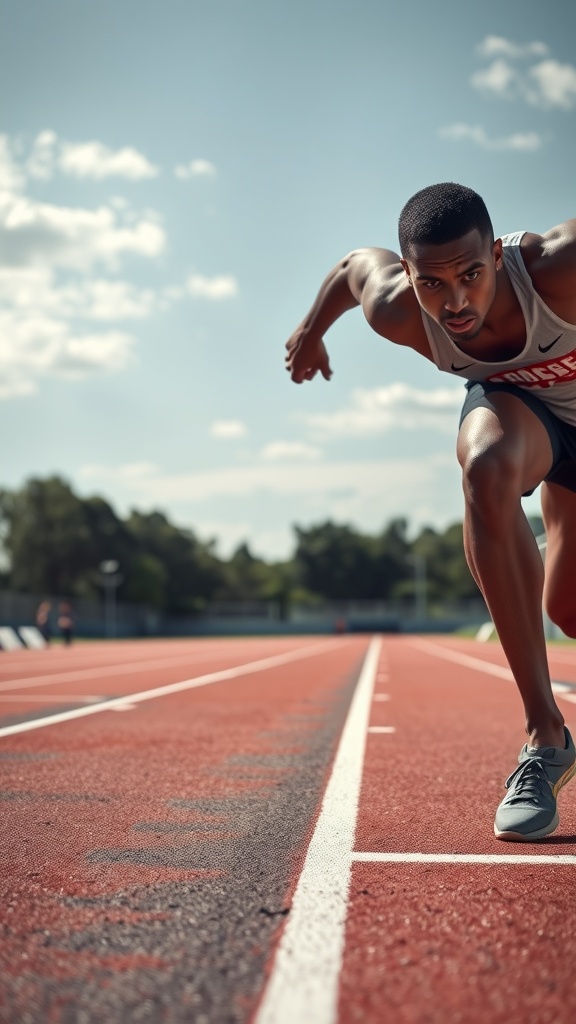 A sprinter taking off from the starting blocks on a track.