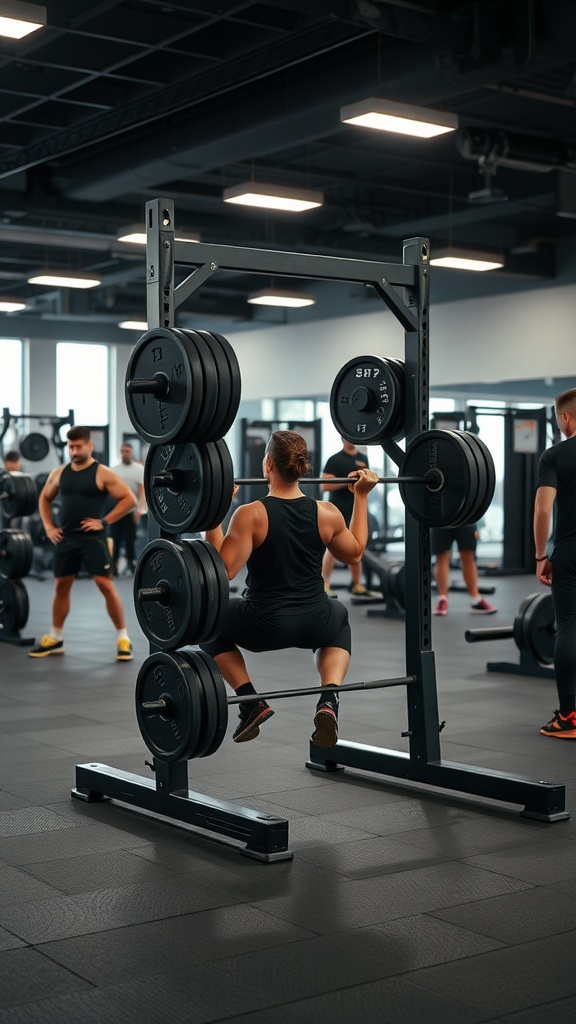 A person performing squats with a barbell on a squat rack in a gym setting.