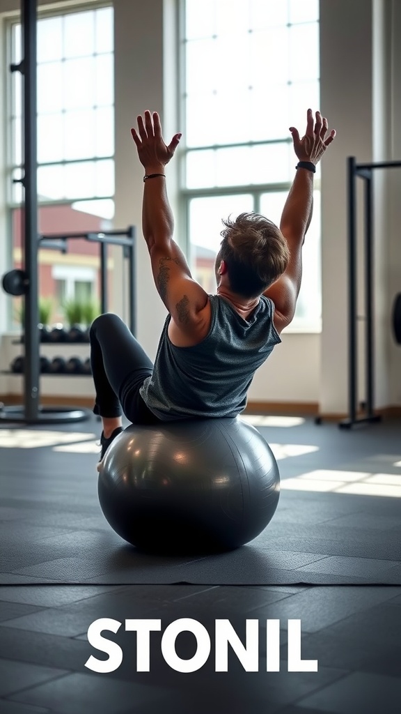 A person performing back extensions on a stability ball in a gym setting.