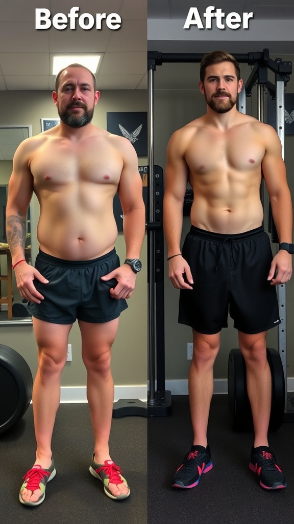 Before and after transformation of a person who used Tokunbo gym equipment