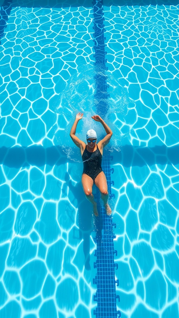 A person swimming laps in a clear blue swimming pool