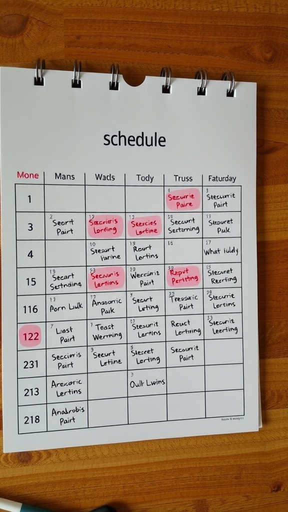 A calendar with a weekly schedule highlighting various exercise routines.