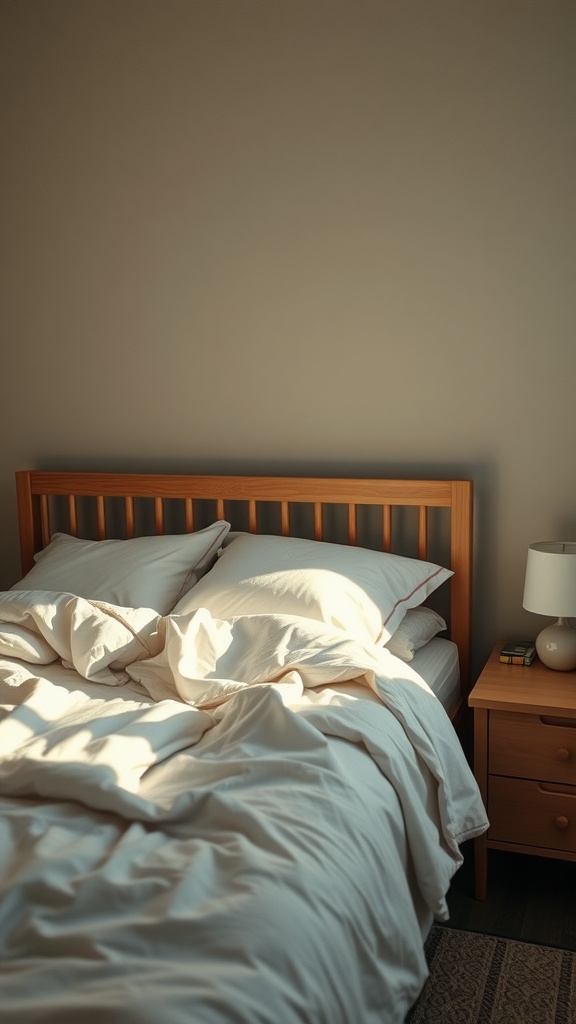 Cozy bedroom with a neatly made bed and soft lighting, reflecting a comfortable sleep environment.