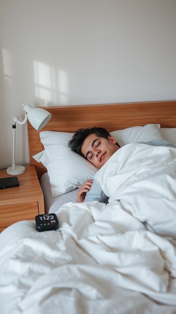 A young man sleeping peacefully in bed with a clock on the nightstand.