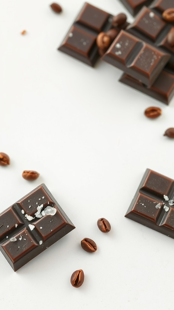 An assortment of dark chocolate squares with coffee beans scattered around, featuring a touch of sea salt.