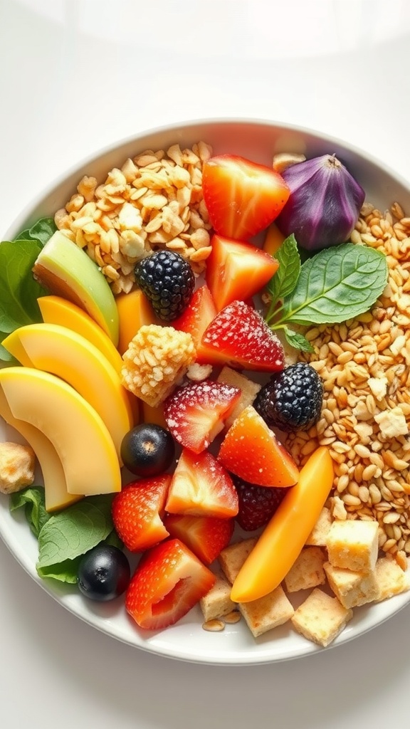 A colorful bowl filled with various fruits, seeds, and greens, showcasing a healthy, fiber-rich meal.