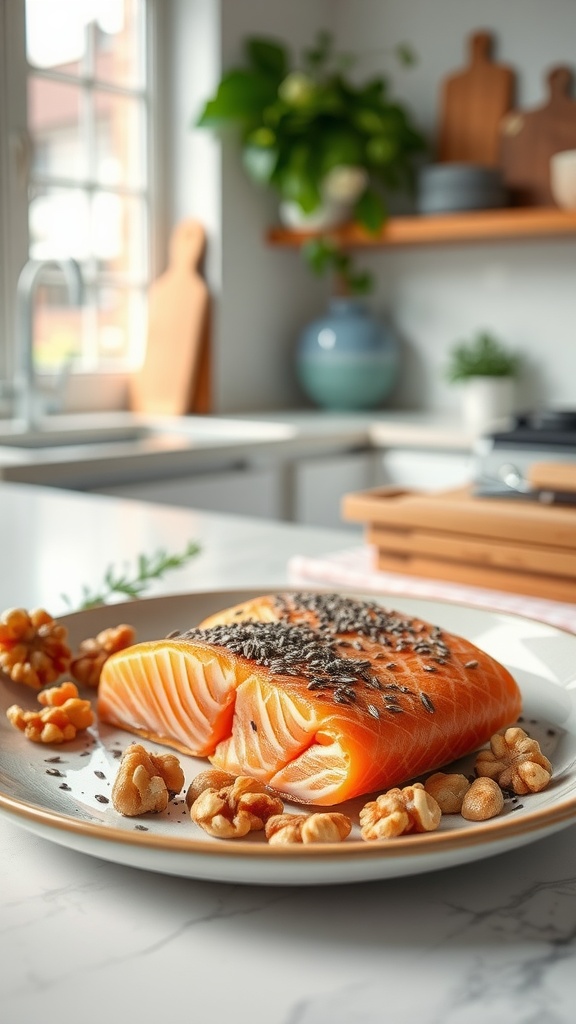 A plate of salmon garnished with seeds and surrounded by walnuts and cashews on a kitchen countertop.