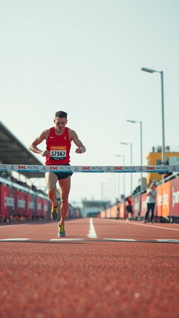 A runner crossing the finish line in a race.