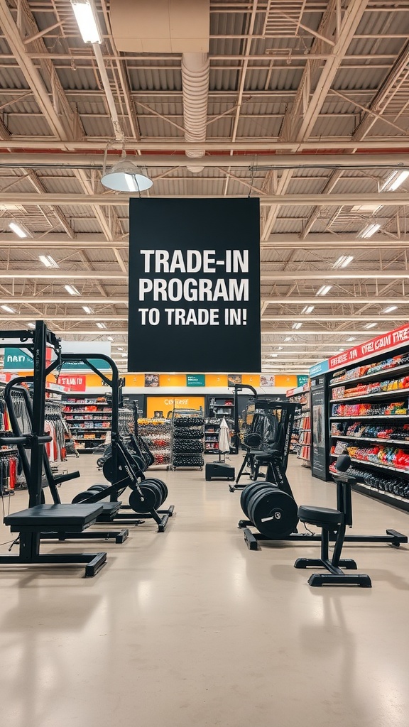 An image of a sporting goods store showcasing gym equipment and a sign for a trade-in program.