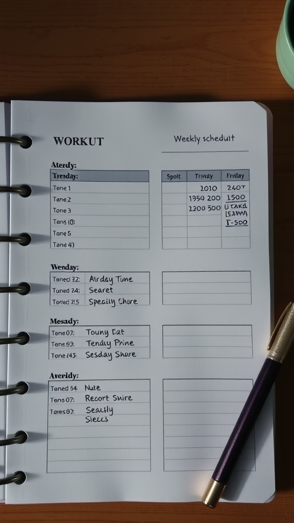 A weekly workout schedule with different training tones and exercises listed.