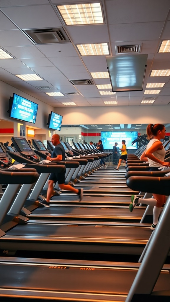 A gym with several treadmills in use by people engaged in cardio workouts.