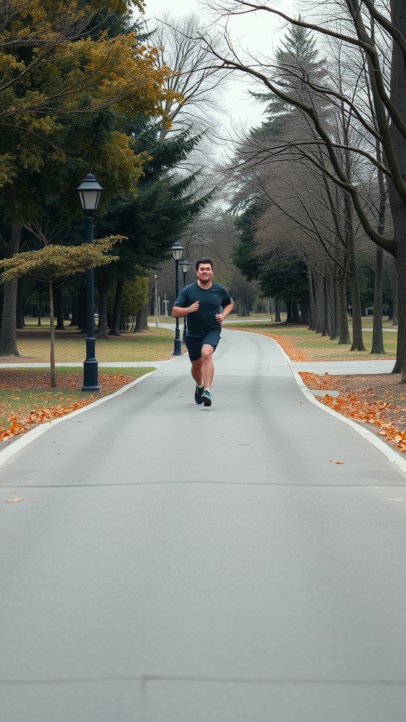A person jogging in a park during autumn.