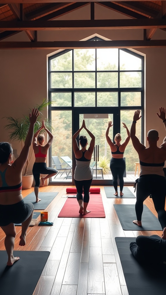 A group of people practicing hot yoga in a warmly lit studio with large windows.