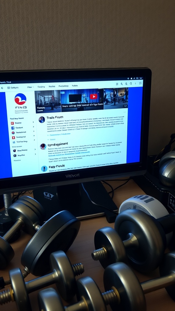 A monitor displaying a fitness forum, with some gym equipment in the foreground.